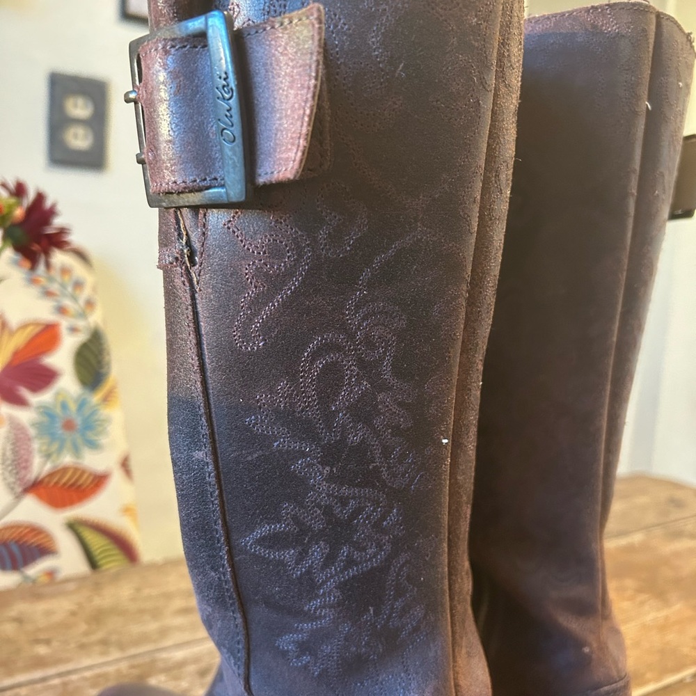 Olukai Emalani Distressed, Embroidered Leather Boots Color: French Roast - Picture 4 of 13